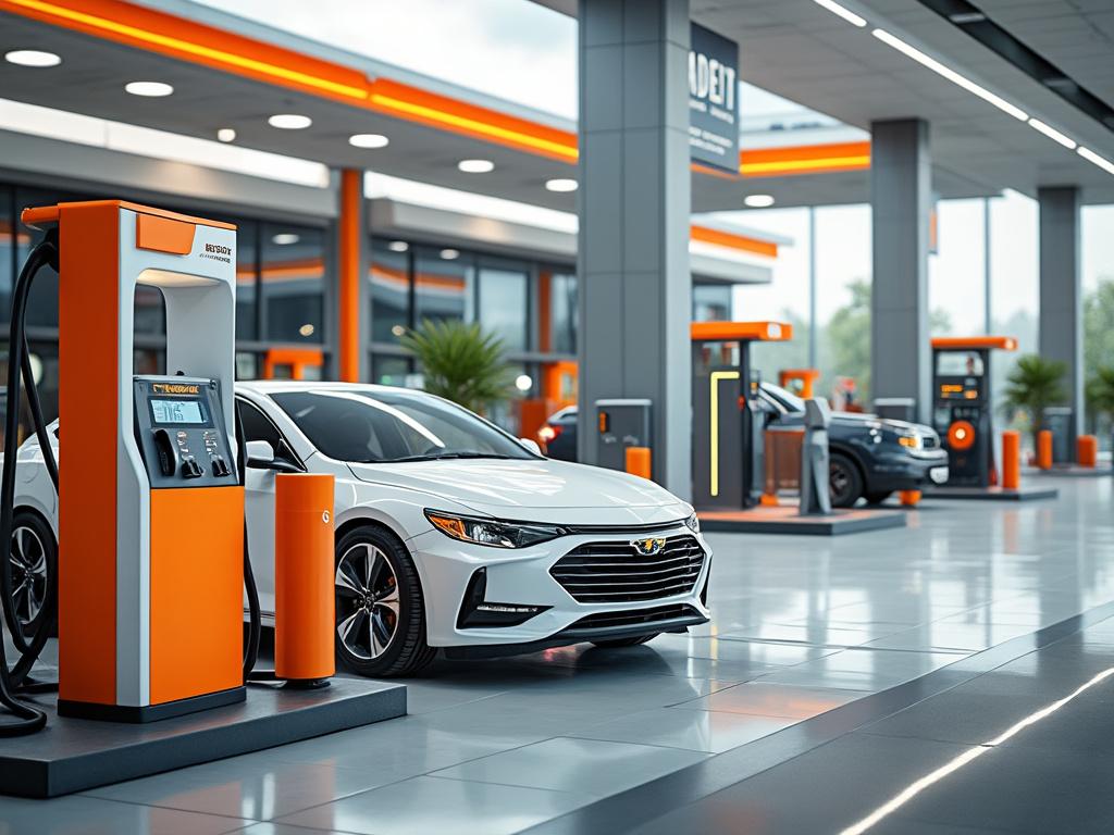 Estación de carga de coches eléctricos con vehículos estacionados, decoración moderna y colores naranjas y grises.
