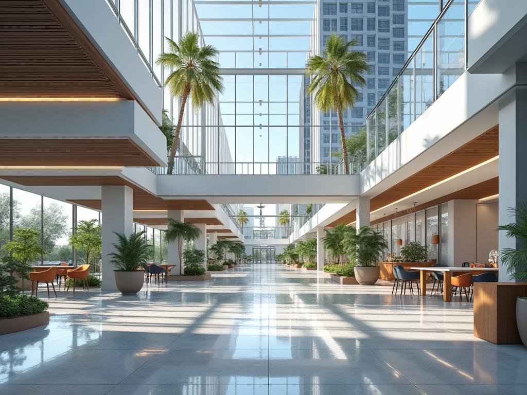 Vestíbulo moderno con palmeras, luz natural, mesas y sillas, rodeado de paredes de vidrio y decoración con plantas.