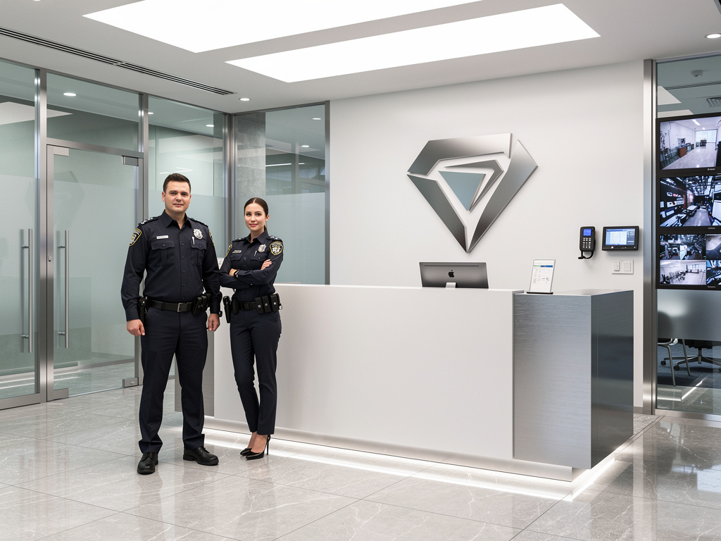 Guardias de seguridad en recepción corporativa moderna con cámaras de vigilancia y control de acceso