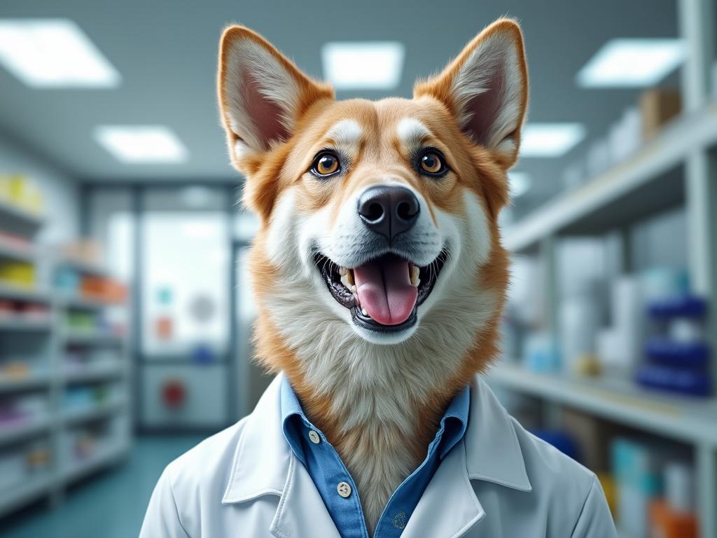 Perro vestido de médico con bata blanca en una farmacia, con un fondo de estanterías.