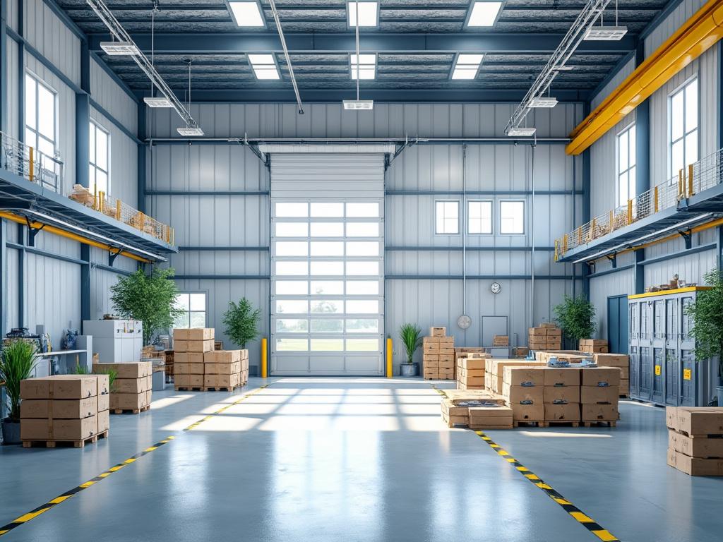 Spacious industrial warehouse interior with stacked cardboard boxes, large windows, steel shelves, yellow safety lines, and potted plants.