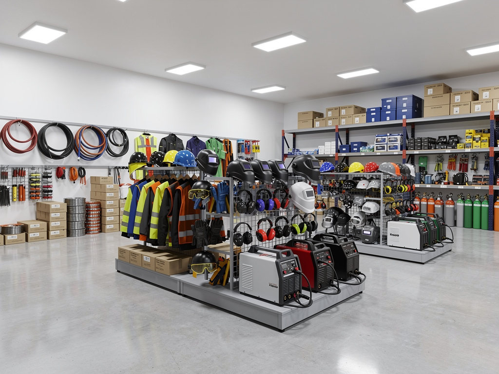 Tienda de suministros industriales con equipos de seguridad, cascos, chalecos reflectantes y máquinas de soldadura en exhibición