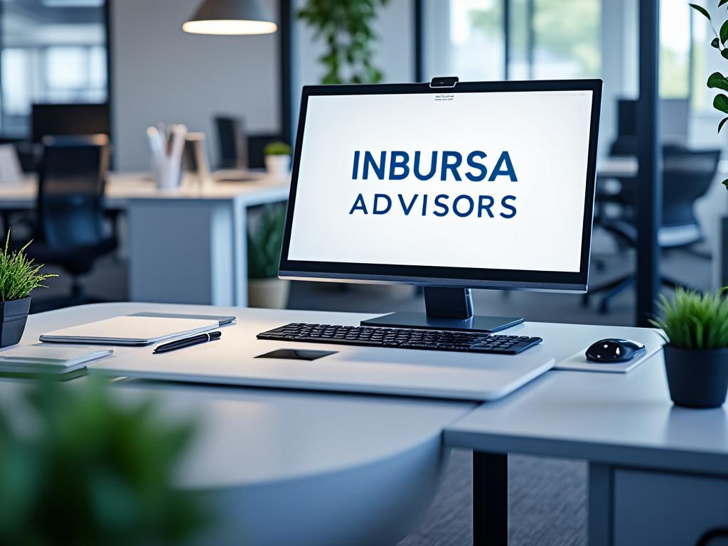 Oficina moderna con un monitor que muestra 'INBURSA ADVISORS', acompañado de teclado y ratón sobre un escritorio con plantas.