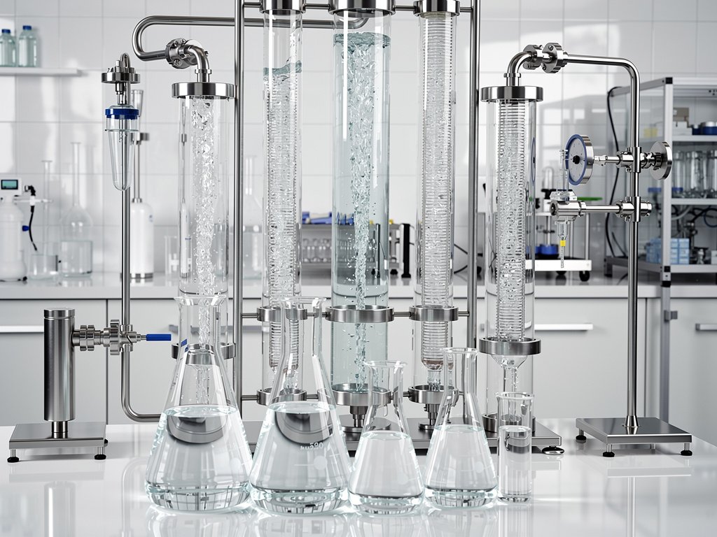 Equipo de destilación y filtración de agua en laboratorio químico con matraces y columnas de vidrio