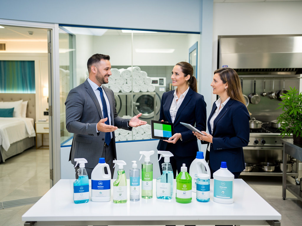 Equipo de hotel revisando productos de limpieza profesionales en cocina industrial y lavandería Equipo de hotel revisando productos de limpieza profesionales en cocina industrial y lavandería