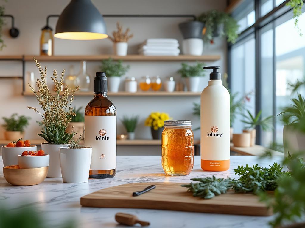 Cocina moderna con frascos de miel, botellas de productos 'JoLnie', plantas y frutas frescas sobre una mesa de mármol, con estantes y luz natural en el fondo.
