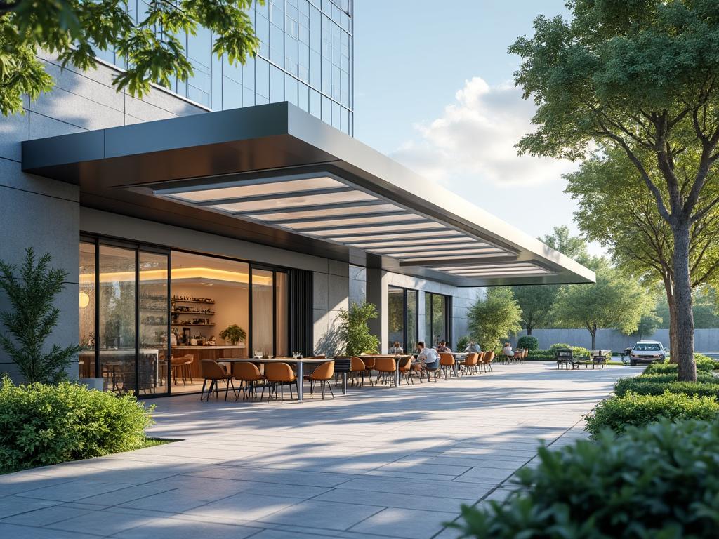 Terraza elegante de un edificio moderno con mesas y sillas, rodeada de árboles y vegetación. Terraza elegante de un edificio moderno con mesas y sillas, rodeada de árboles y vegetación.