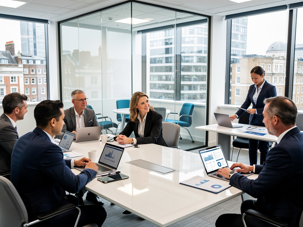 Business professionals in a modern office meeting reviewing charts and laptops
Business professionals in a modern office meeting reviewing charts and laptops