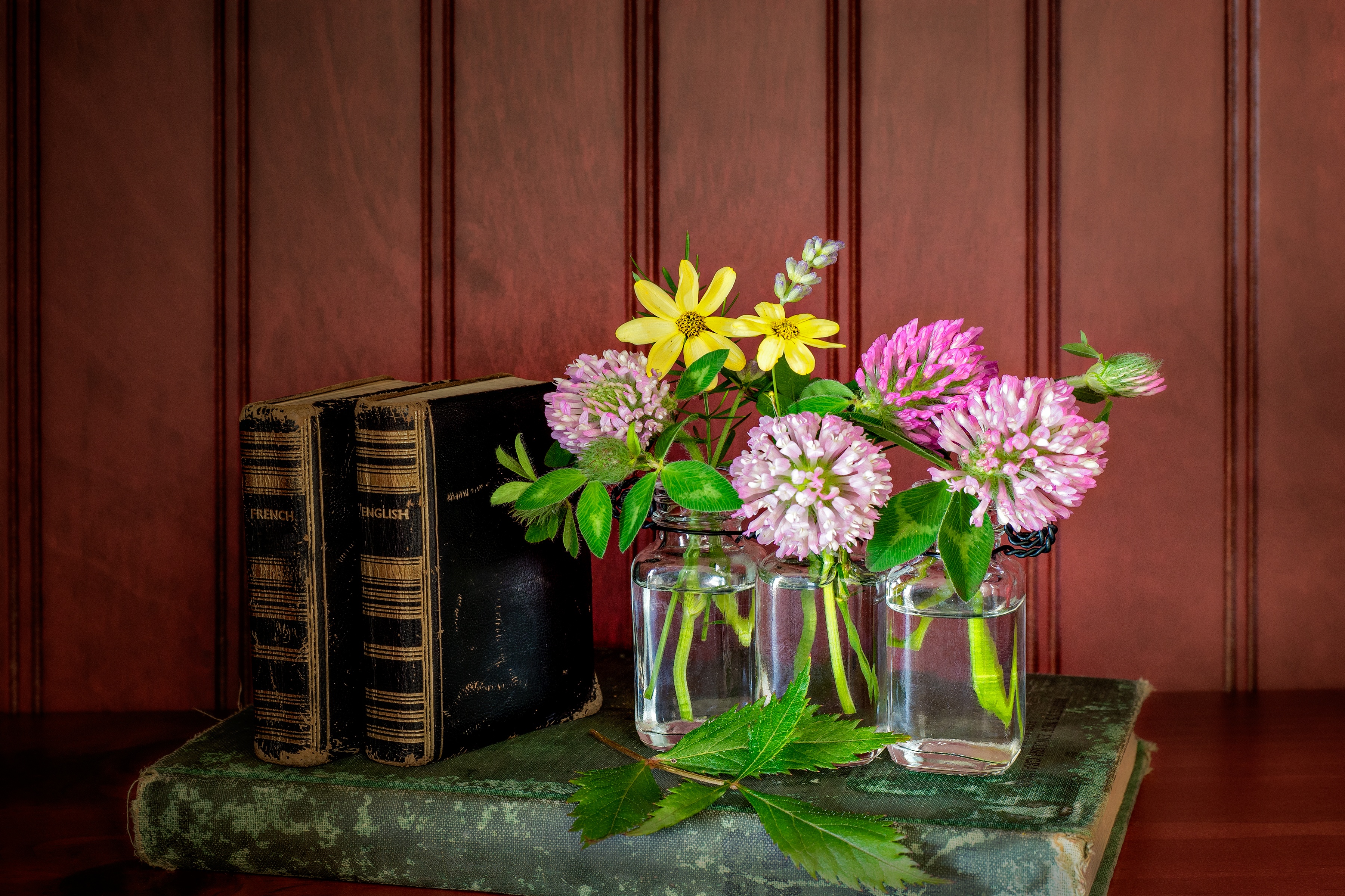 BOOKS AND BLOOMS - I thank my wife for this pleasant little arrangement of books and wild flowers.