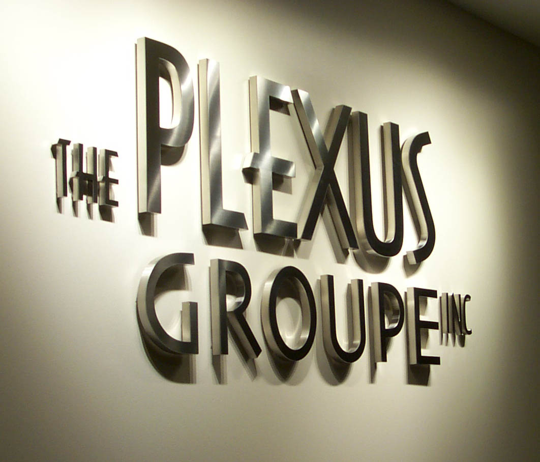 Fabricated stainless steel letters reading The Plexus Groupe Inc