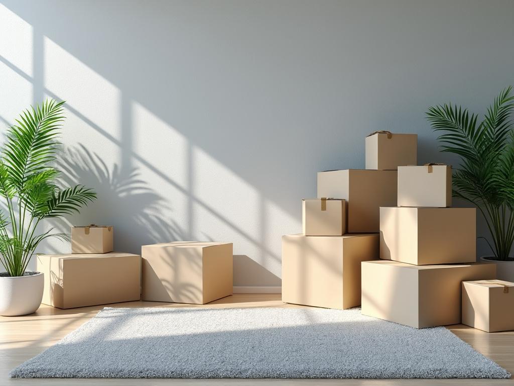 Sunlit room with stacked cardboard boxes and potted plants on a light gray carpet.