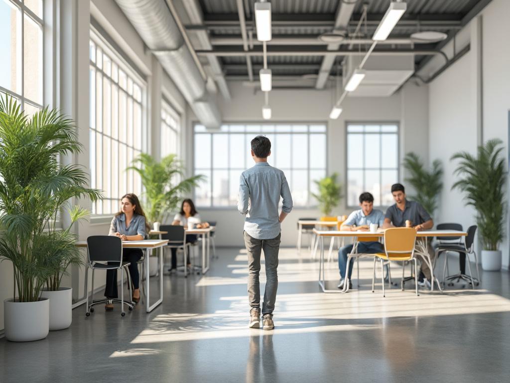 Espacio de oficina moderno con grandes ventanas, plantas y personas trabajando en escritorios compartidos. Espacio de oficina moderno con grandes ventanas, plantas y personas trabajando en escritorios compartidos.