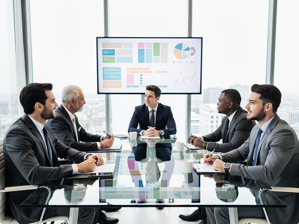 Ejecutivos en reunión de negocios analizando gráficos y datos en pantalla en una sala de juntas moderna