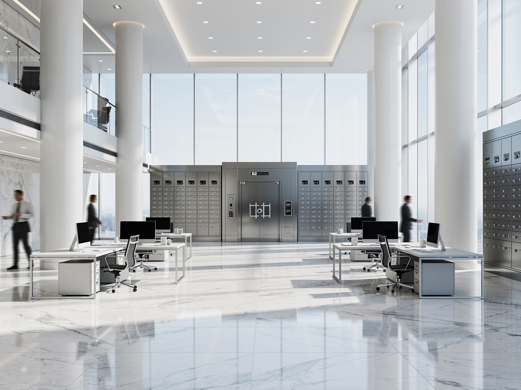 Modern corporate lobby with glass walls, white columns, office desks, security vault door, and safety deposit boxes