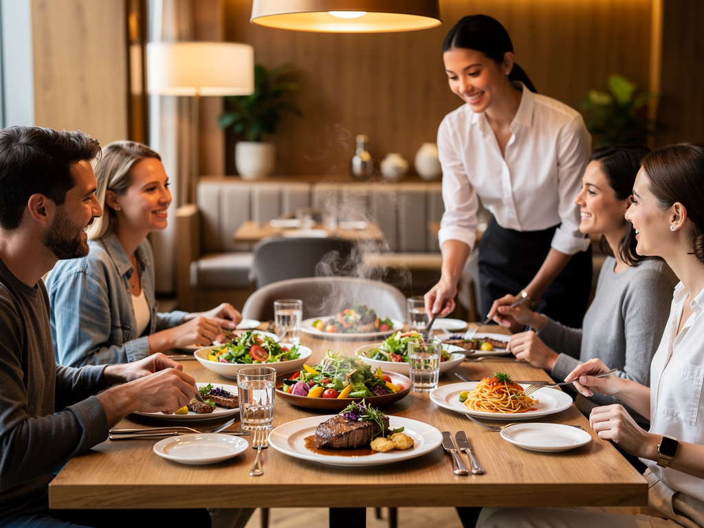 Grupo de amigos disfrutando una cena en restaurante moderno con camarera sirviendo platos gourmet