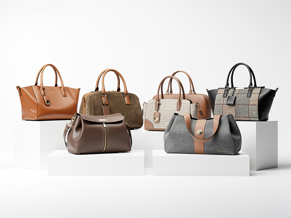 Stylish collection of women’s handbags in leather and fabric displayed on white pedestals Stylish collection of women’s handbags in leather and fabric displayed on white pedestals
