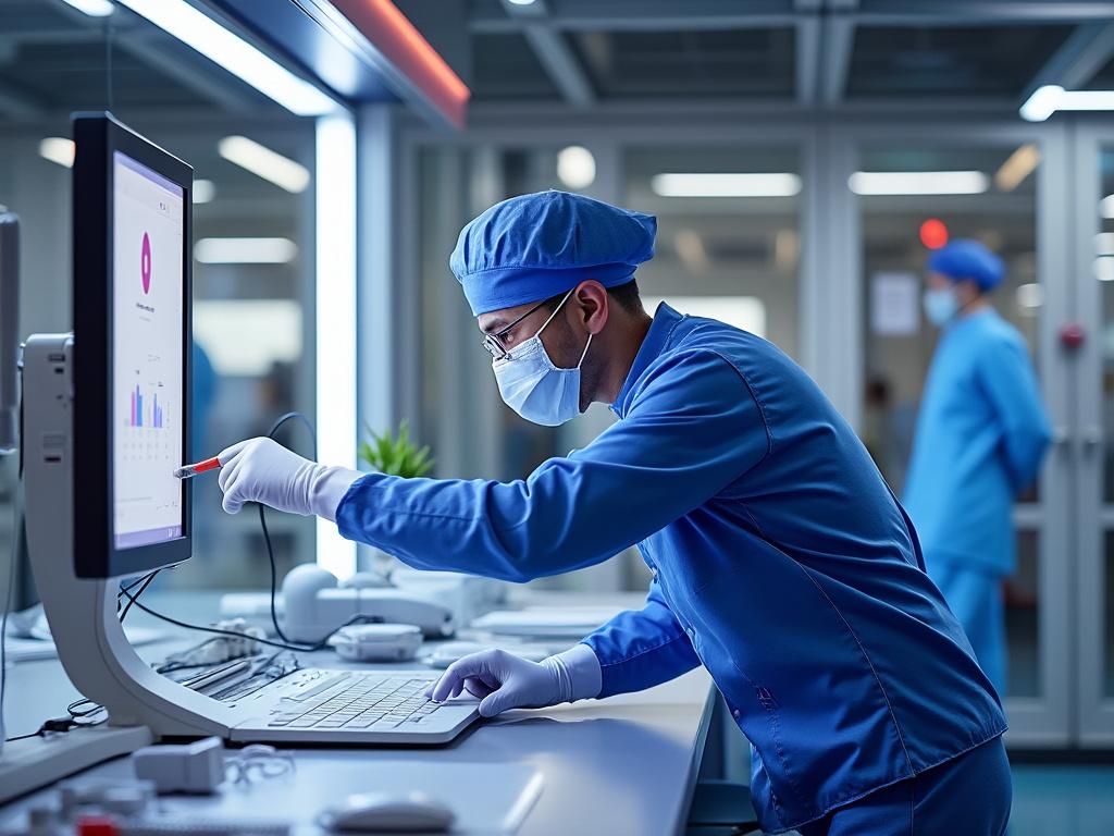 Médico en un hospital, usando equipo de protección, revisando datos en un monitor.