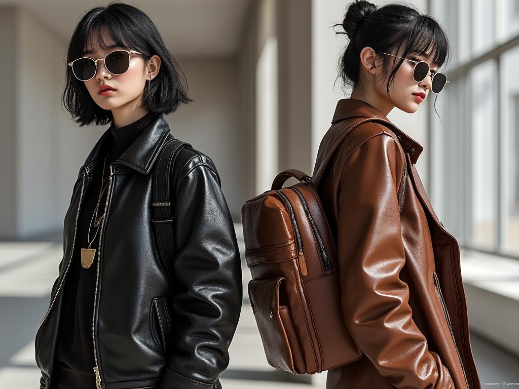 Dos mujeres con chaquetas de cuero, una negra y otra marrón, llevan gafas de sol y posan en un pasillo iluminado.