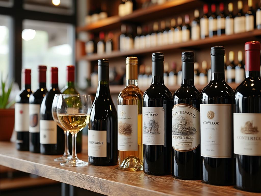Botellas de vino alineadas en una mesa de madera con copas de vino en primer plano, estantes de vino al fondo.
