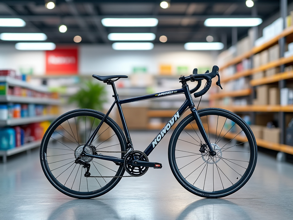 Bicicleta de carretera azul y negra con manubrio curvo en un almacén iluminado, rodeada de estantes de productos.