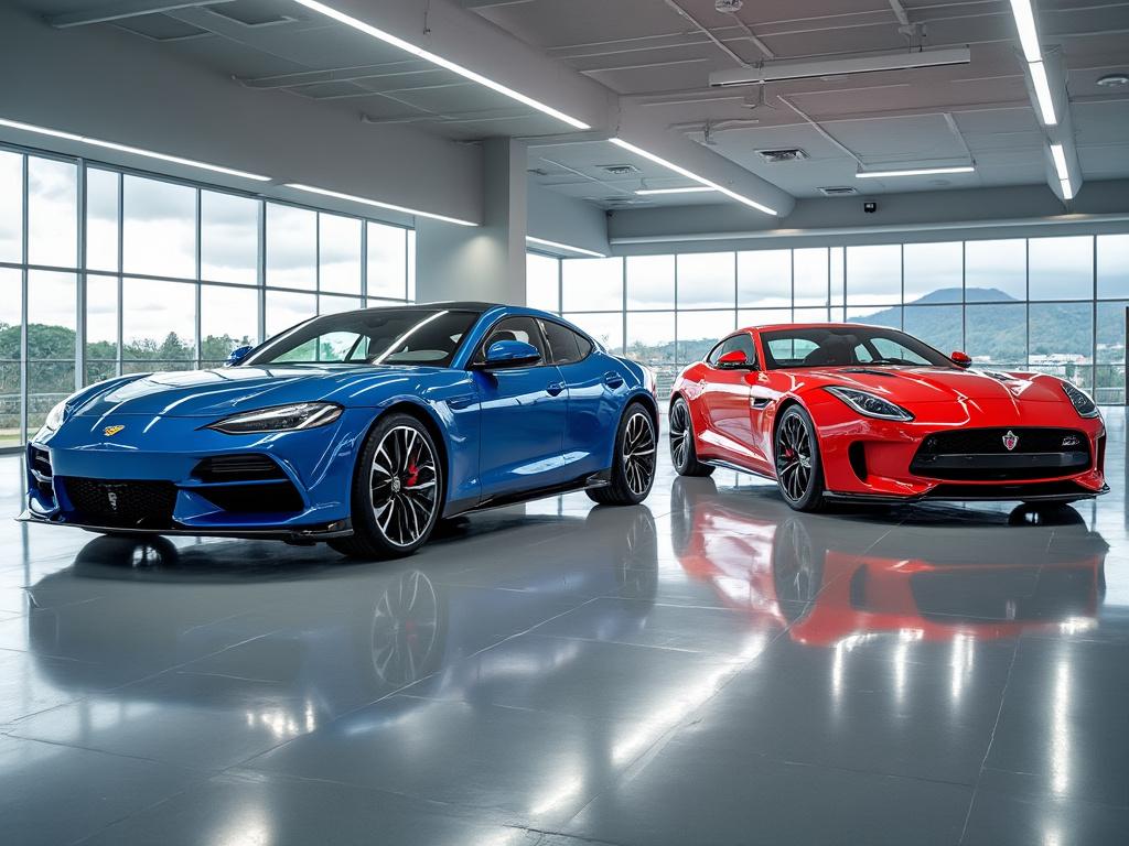 Two luxury sports cars in a showroom, featuring a blue car on the left and a red car on the right, with large windows and mountains in the background.