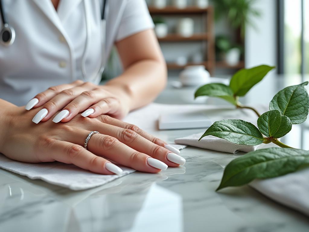 Manos cuidadas con uñas blancas en una mesa de mármol junto a hojas verdes, reflejando elegancia y naturaleza.