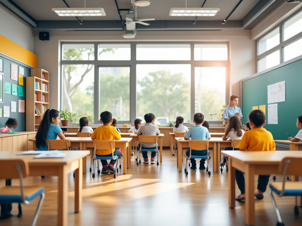 Aula luminosa con niños sentados en escritorios, una maestra frente a una pizarra verde, estantería con libros y ventanas grandes al fondo.