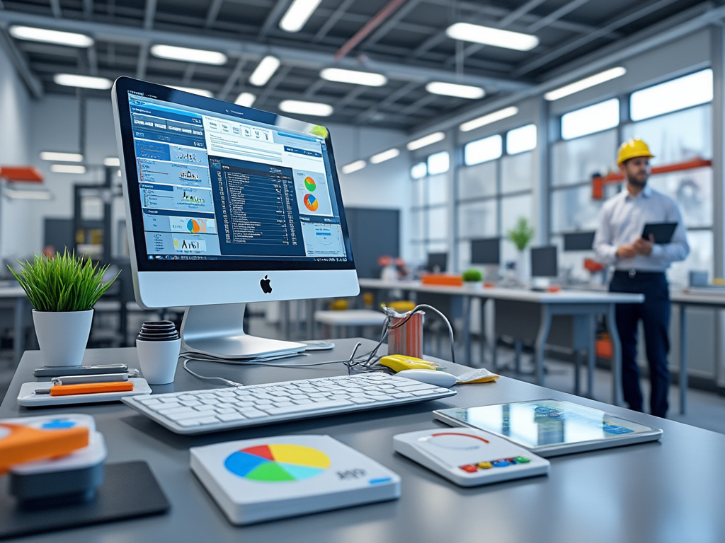 Oficina moderna con computadora iMac en el escritorio, gráficos de datos en pantalla, y un hombre con casco de seguridad al fondo.