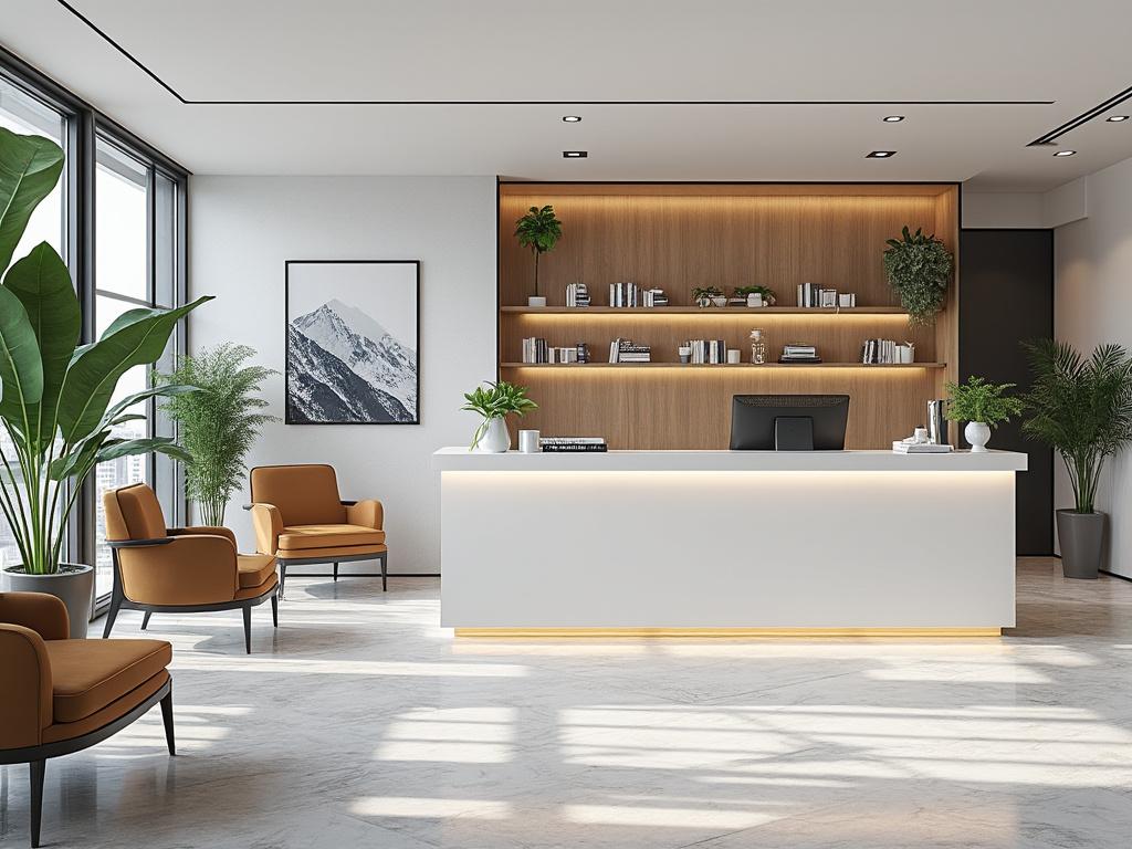 Recepción moderna con mostrador blanco, sillas marrones, estantería iluminada, plantas decorativas y ventana panorámica.