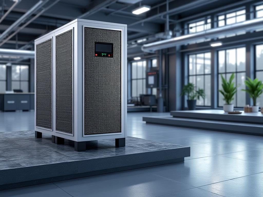 Servidor de datos en una moderna sala de servidores con plantas decorativas y grandes ventanas de fondo.