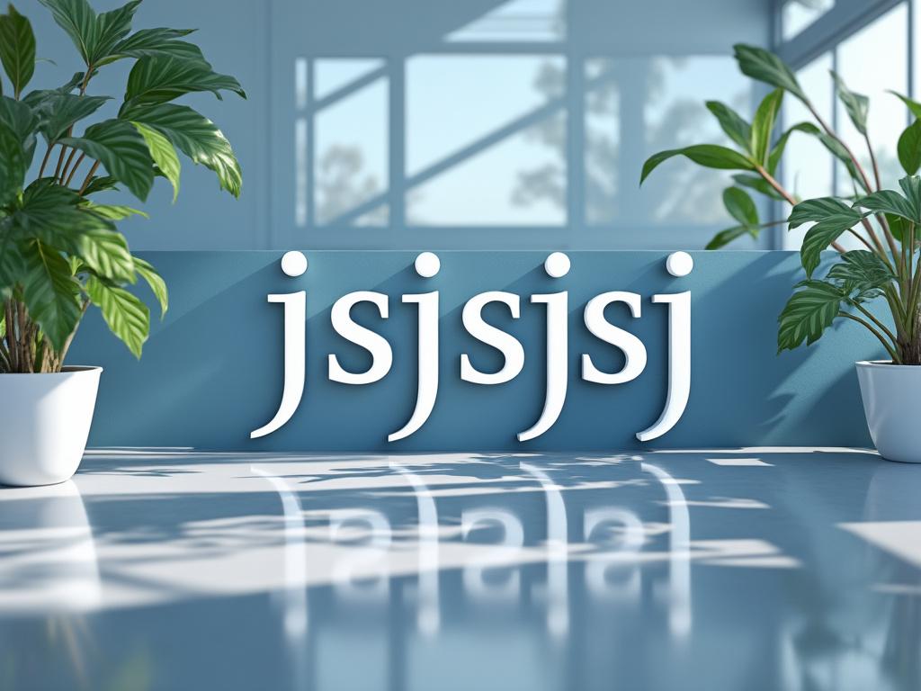 Modern interior with large white letters 'jsjsjsj' on blue wall, decorated with green potted plants and natural light.