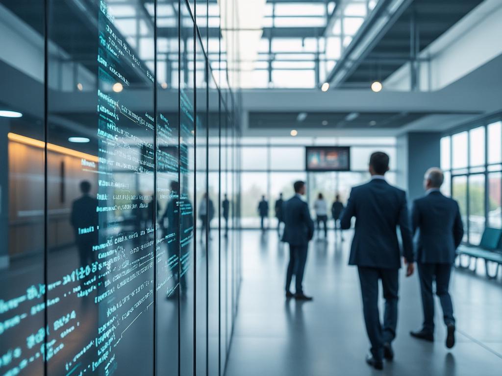 Oficina moderna con hombres de traje caminando, reflejos de código digital en ventana de cristal.
