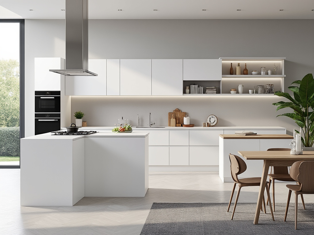 Cocina moderna con diseño minimalista, muebles blancos, isla central con vitrocerámica y plantas decorativas.