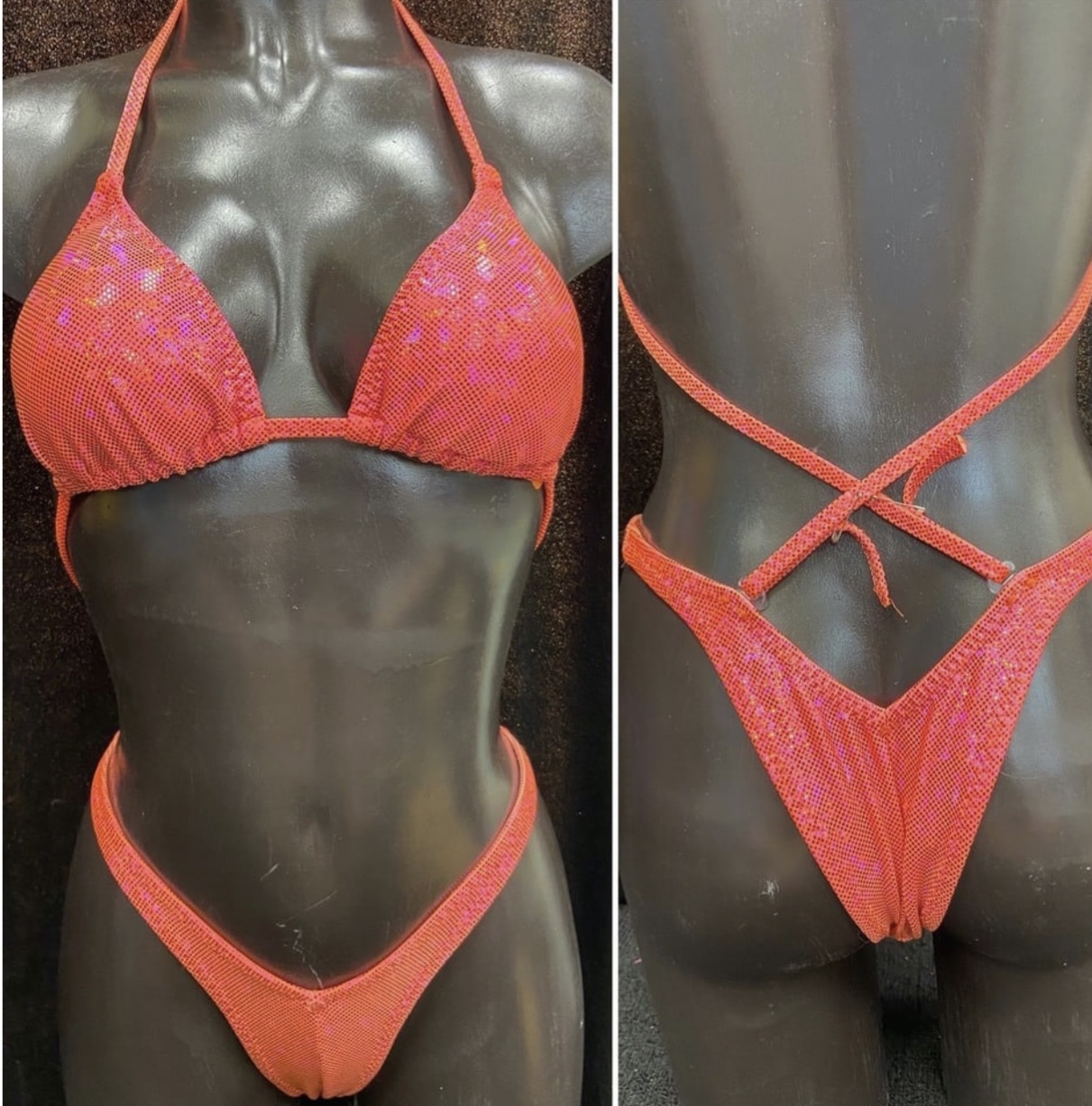 R6001 $40 
B sliding top
Small front
XXsmall back
Orange/Pink Shattered hologram