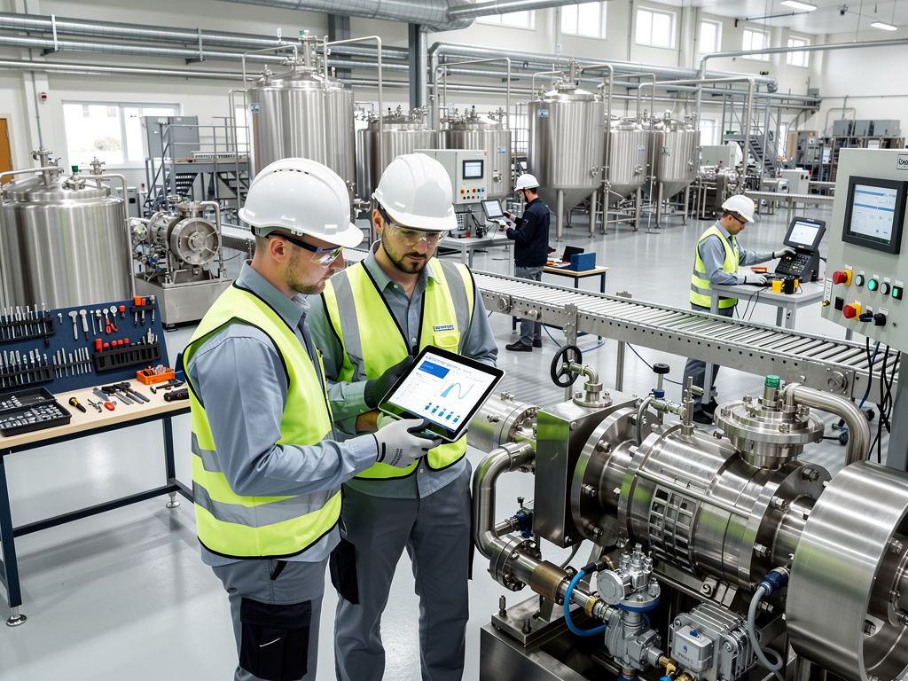Ingenieros con cascos y chalecos revisan una tableta en una planta industrial automatizada con tanques de acero inoxidable y maquinaria de producción