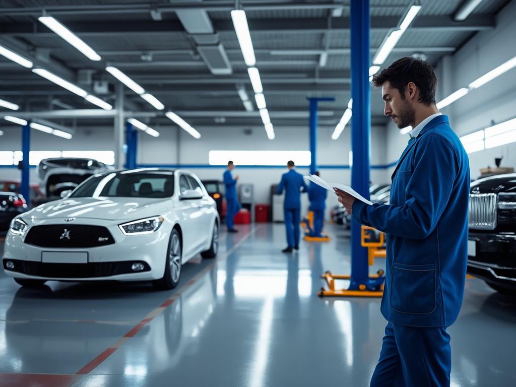 Taller mecánico moderno con técnico revisando documentos y coches en reparación.