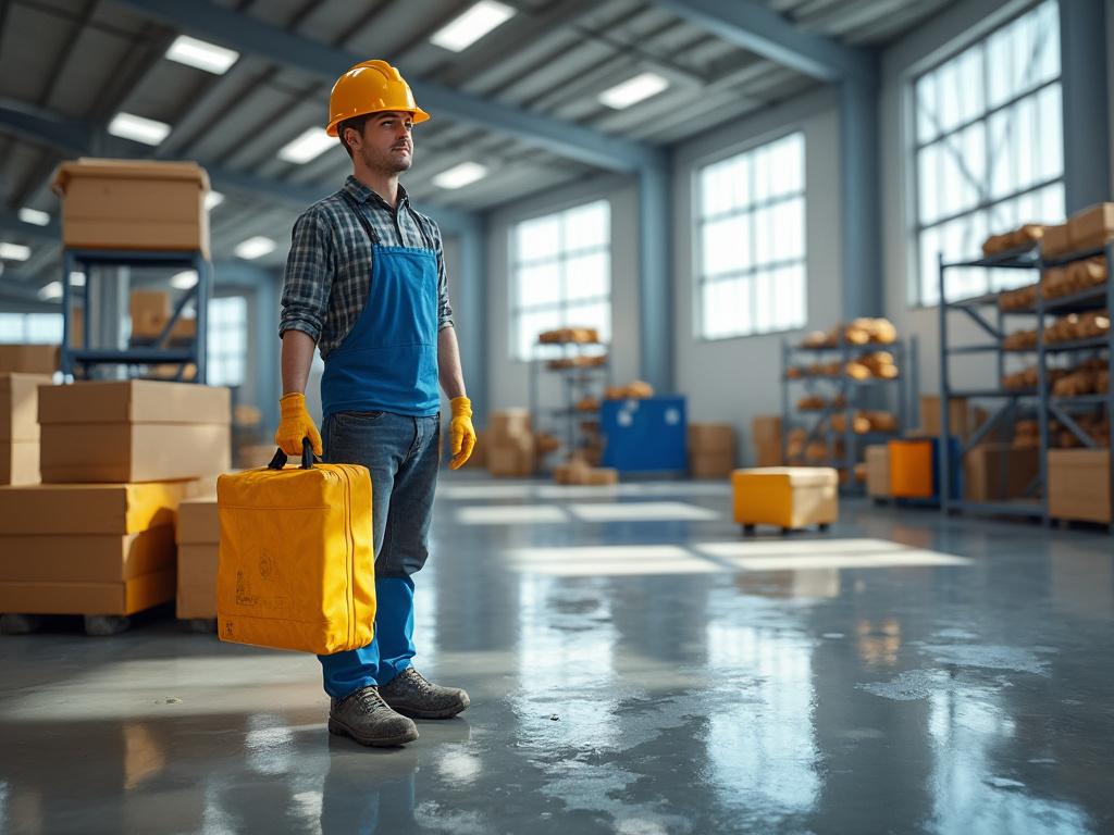 Trabajador en almacén industrial con casco amarillo y maletín de herramientas, rodeado de cajas y estantes.