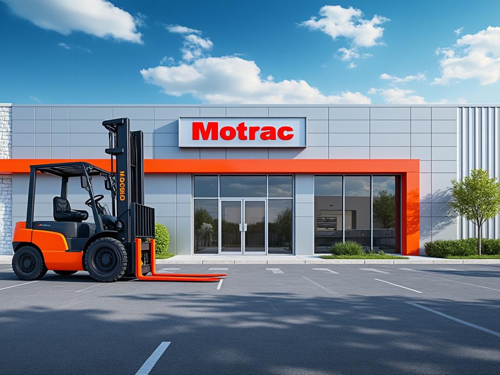 Carretilla elevadora naranja estacionada frente a un edificio comercial moderno con el logo de Motrac, cielo despejado.