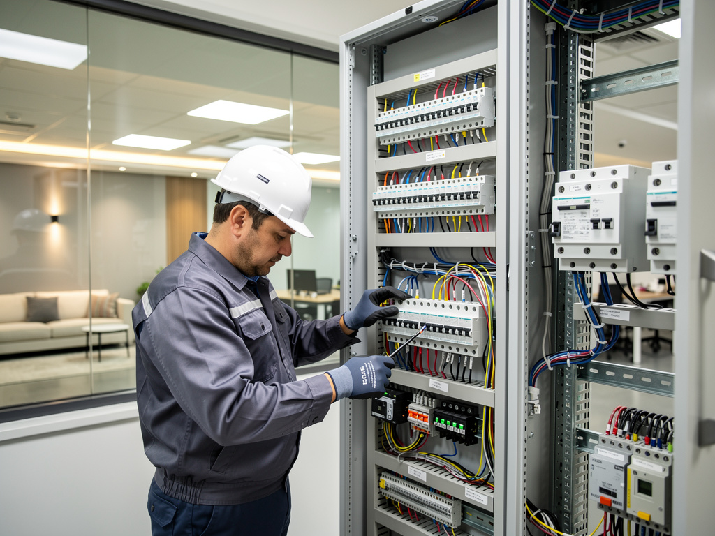 Técnico electricista con casco revisando un cuadro eléctrico industrial con cables y disyuntores en una oficina moderna