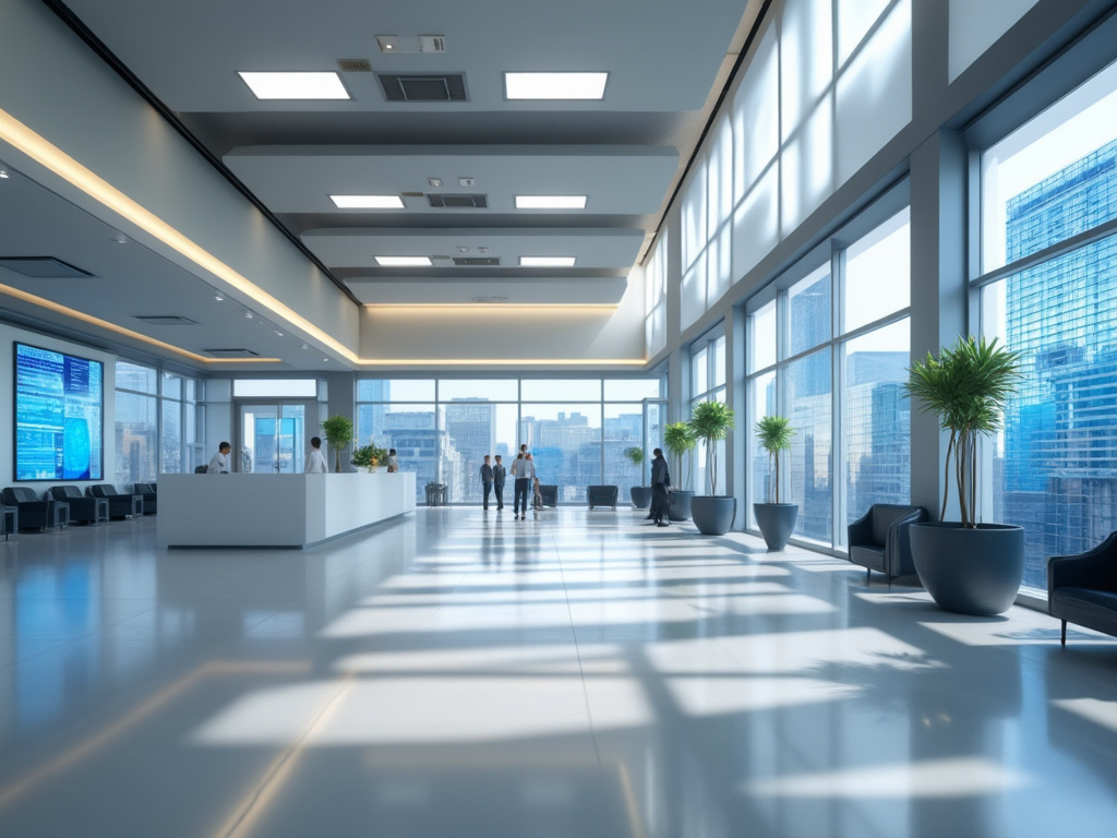 Vestíbulo moderno y luminoso con ventanas grandes, plantas decorativas y área de recepción en un edificio de oficinas en la ciudad.