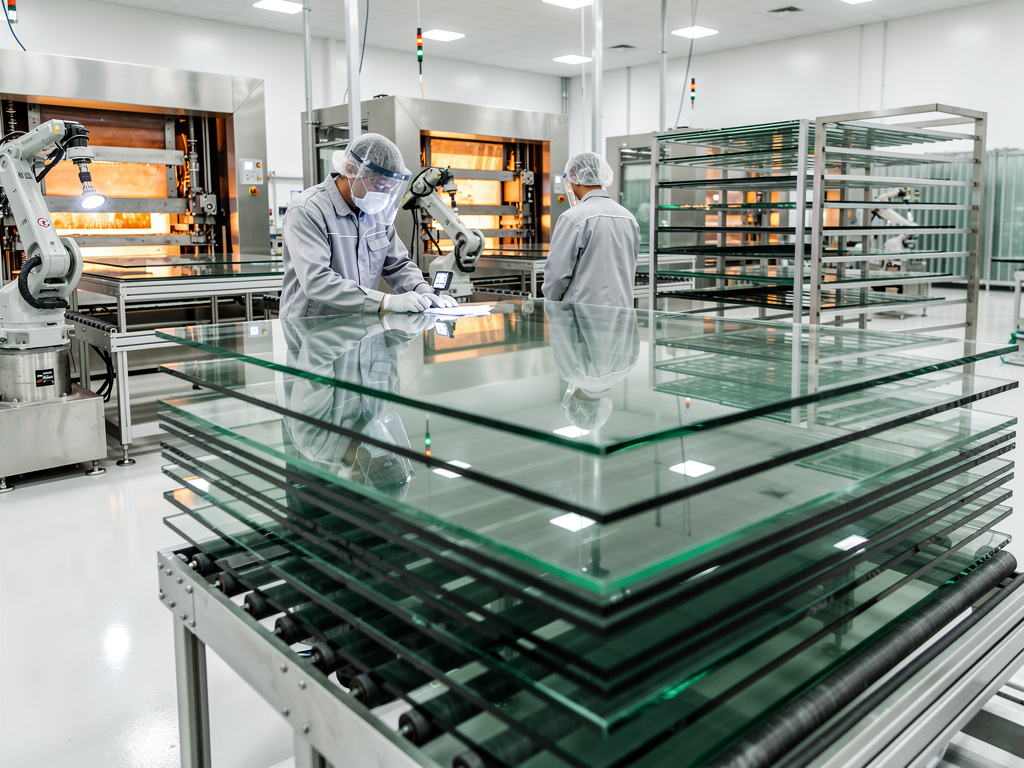 Técnicos fabricando paneles de vidrio en planta industrial automatizada con robots y hornos