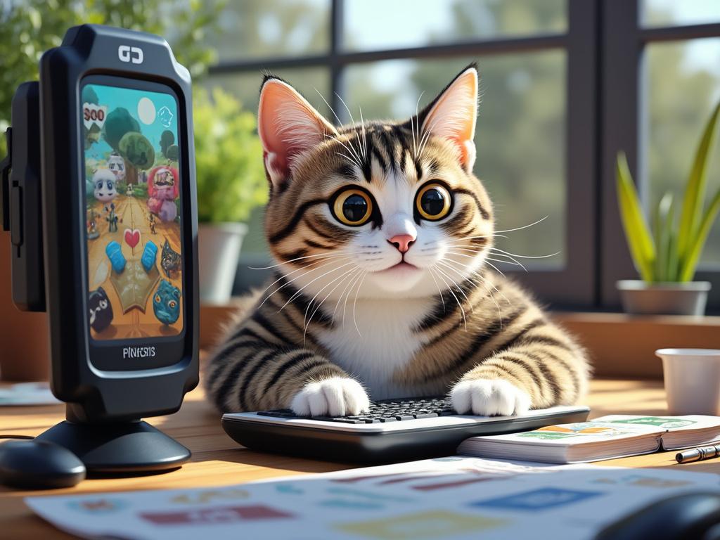 Cute cat using a keyboard next to a digital screen with an animated game, set on a wooden desk with plants in the background.