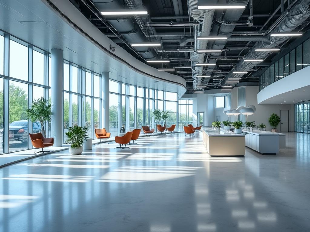 Moderno vestíbulo de oficina con grandes ventanales, sillones naranjas y plantas decorativas.