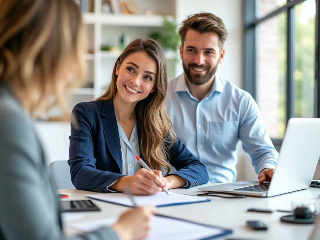 Smiling business professionals in a meeting with documents and a laptop in an office environment.
