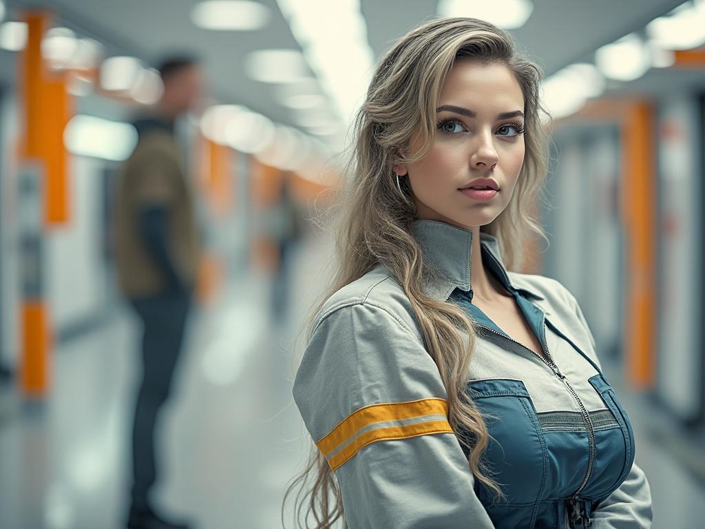Woman in a futuristic hallway with orange accents, wearing a grey and blue jumpsuit, looking confidently at the camera.