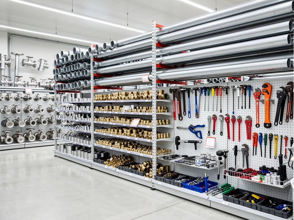 Plumbing supply store aisle with metal pipes, brass fittings, valves, and hand tools on organized shelves