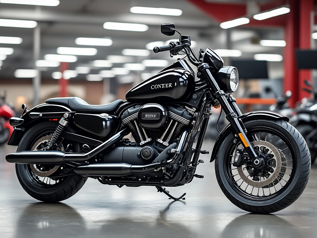 Motocicleta personalizada negra en exhibición en un garaje iluminado, destacando llantas y diseño clásico.