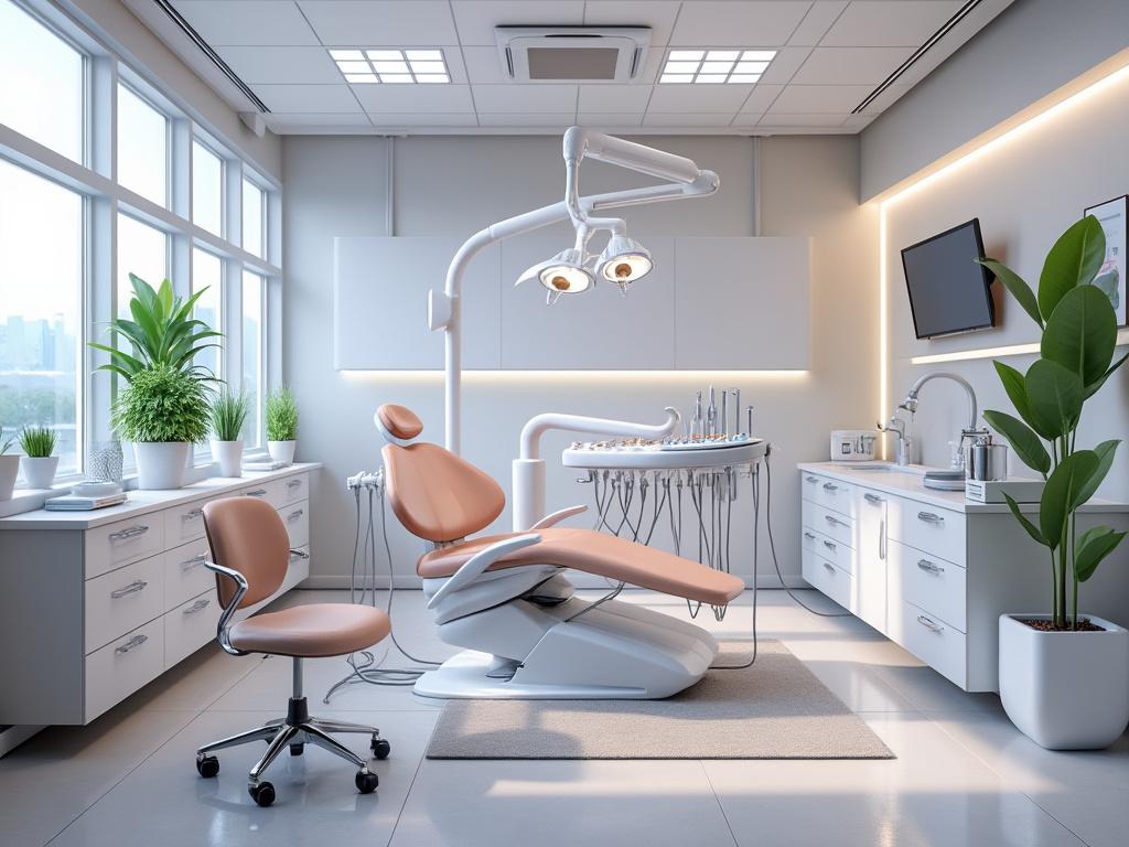 Moderna clínica dental con silla ergonómica, lámpara dental, plantas decorativas y equipamiento médico.