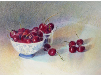 Cherries in a chinese bowl (Coloured Pencil on Arches HP) 8" x 11"