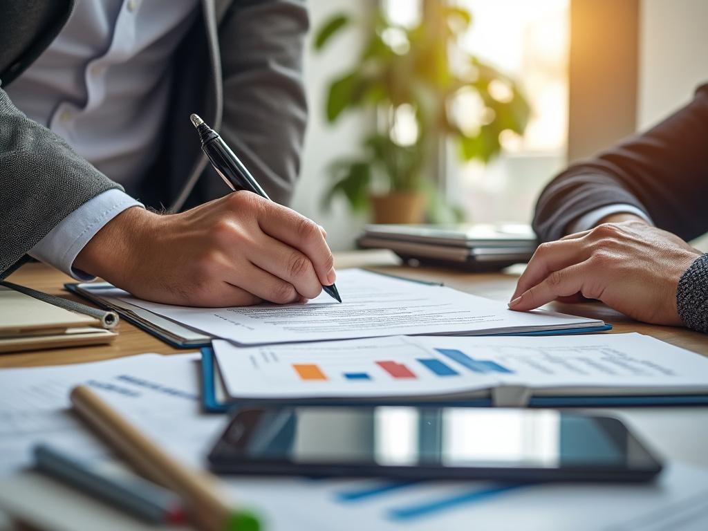 Negocios: persona escribiendo en documentos sobre una mesa de oficina con gráficos y dispositivos.